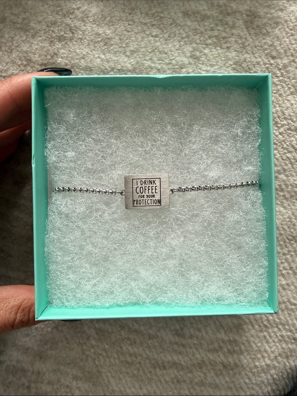jBloom Silver Tone Engraved Coffee Protection Bracelet